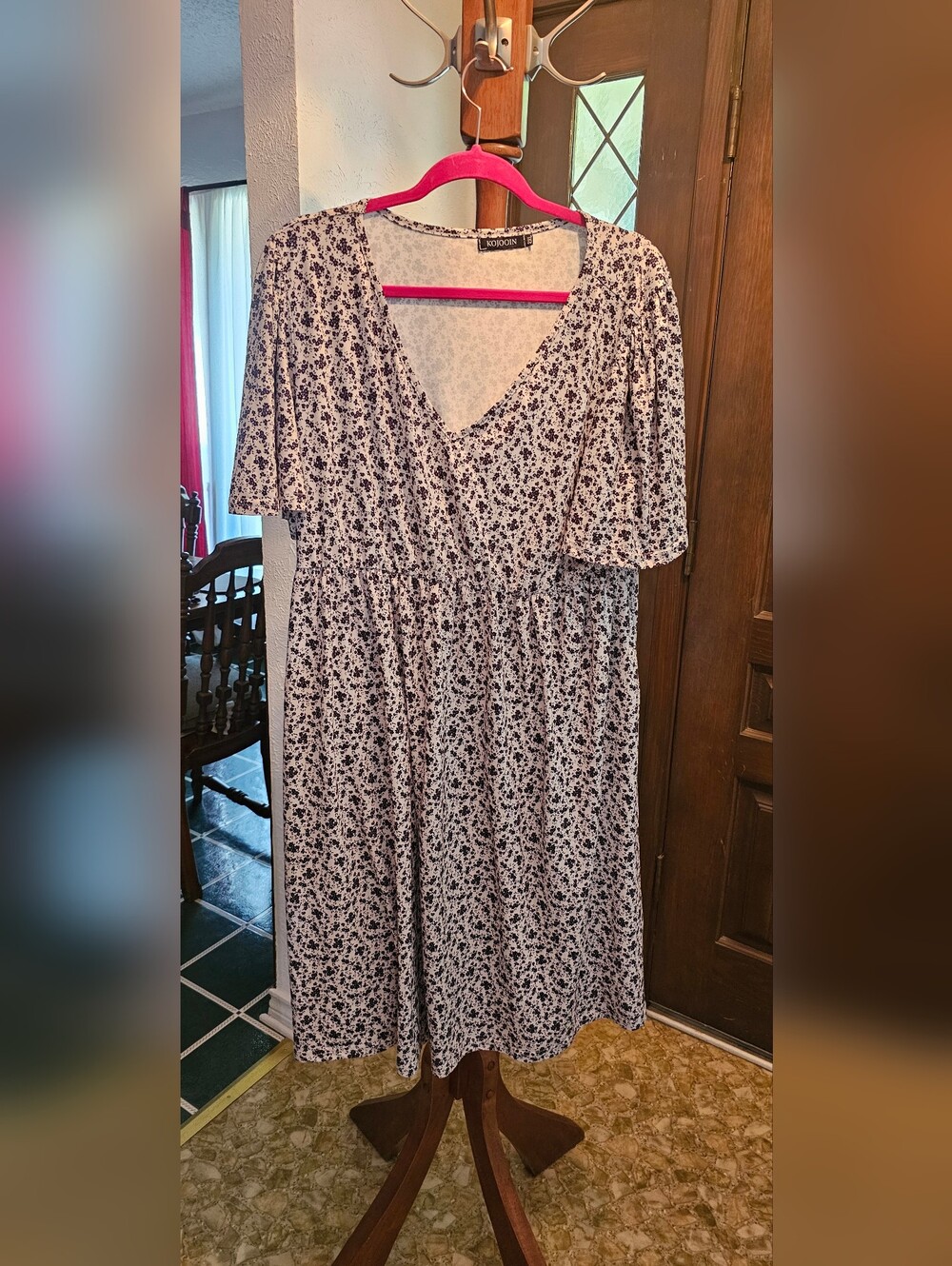 Floral V-Neck Women’s Dress - White with Black Floral Print